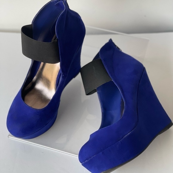 Madden Girl Royal Blue Suede Regal Wedge Sandal Platform Pumps Heels, Sz 9M - Picture 4 of 10